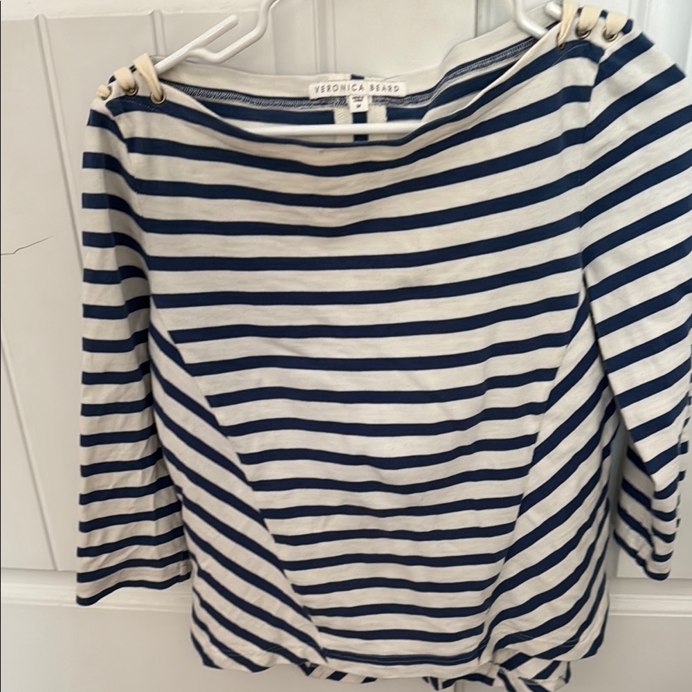 White and Blue Bateau Neck 3/4 Sleeve Boxy Blouse with Sailor Collar